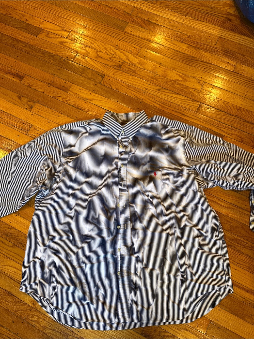 Ralph Lauren Blue and White Striped Dress Shirt with Red Pony
